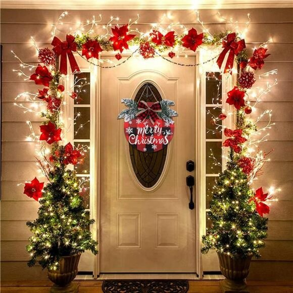 Christmas Buffalo Plaid Wreath Decoration - 1pc Double Sided Wooden - Picture 2 of 7